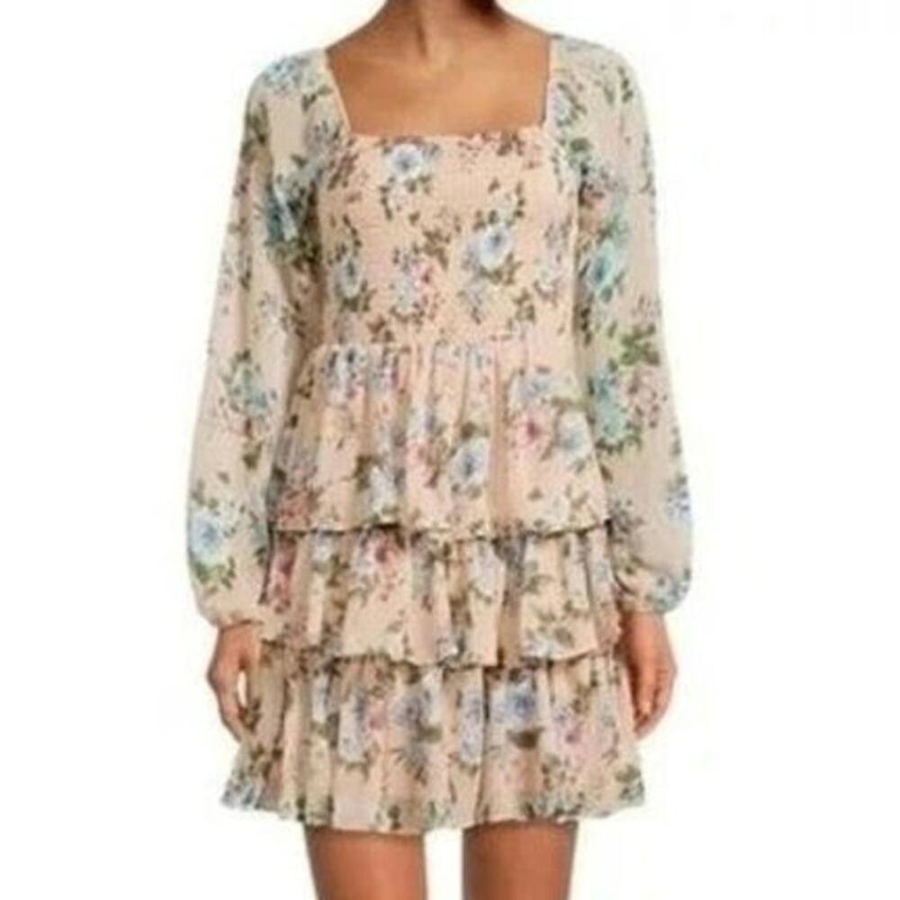 NWT Beige Babydoll Dress Blue Floral Smocked Bodice Sheer Long Sleeve Tiered L